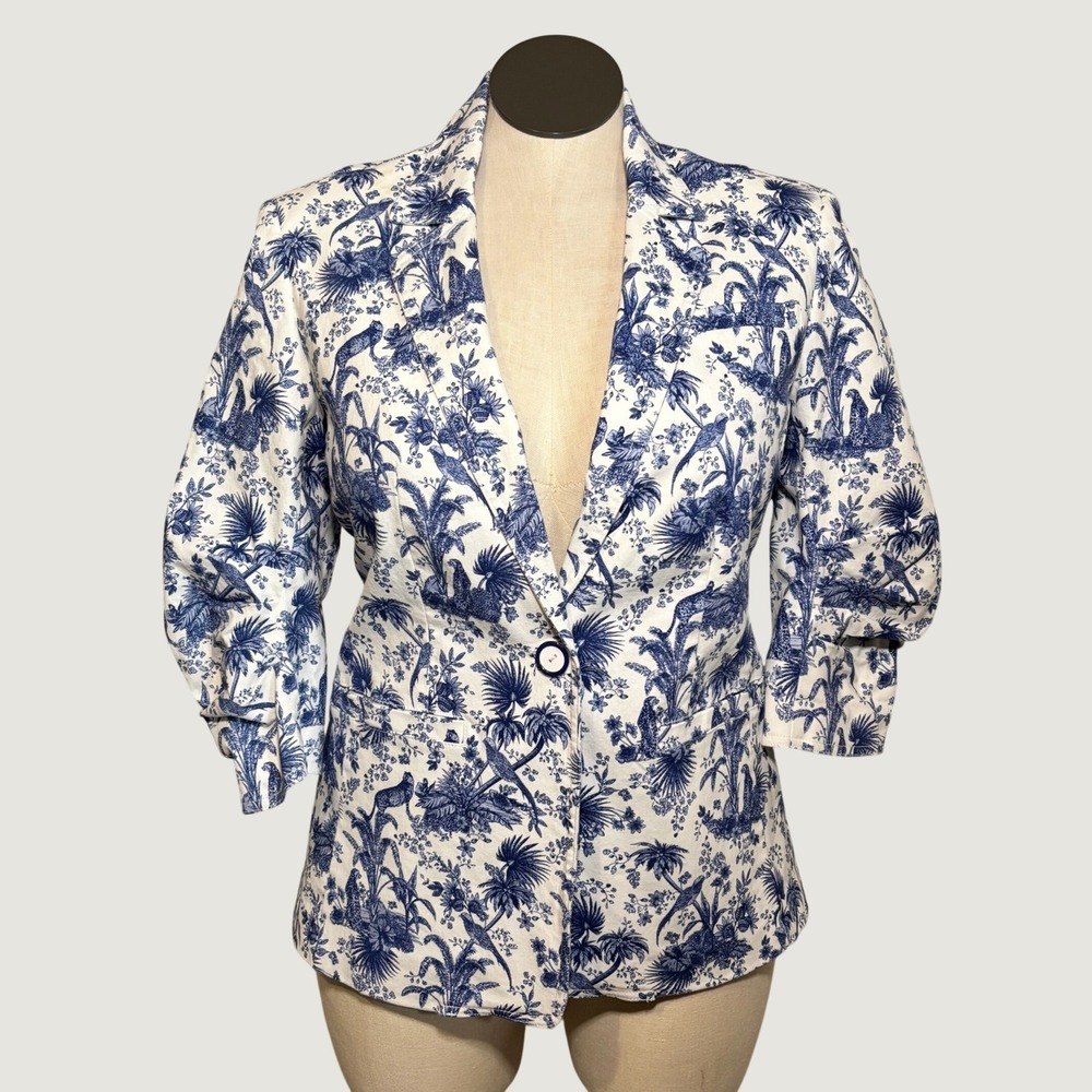 Tyler Boe Womens Blazer 10 Blue White Cotton Toile Jungle Animal Ruched Sleeve